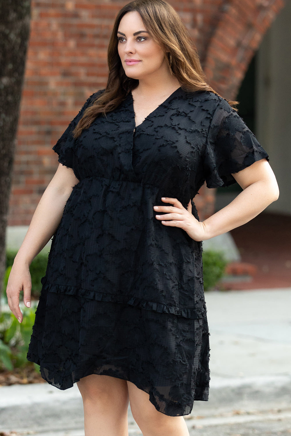 Black Floral Jacquard Flutter Sleeve Plus Size Mini Dress