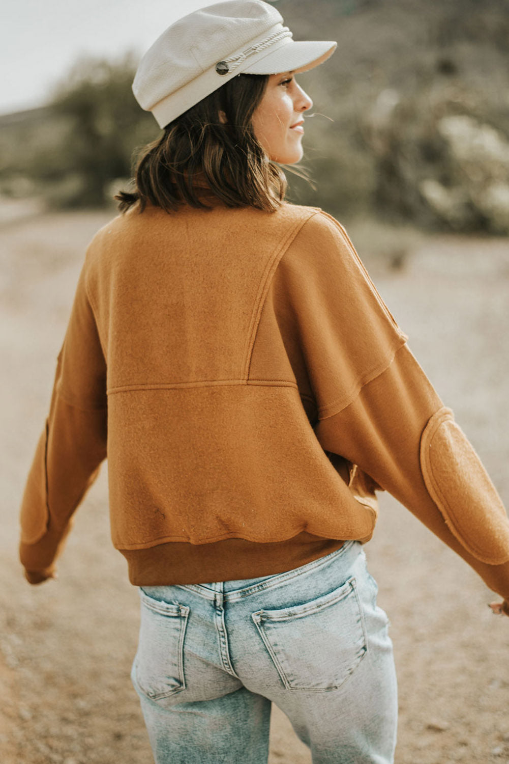 Brown Zip Collared Big Flap Pocket Exposed Seam Sweatshirt