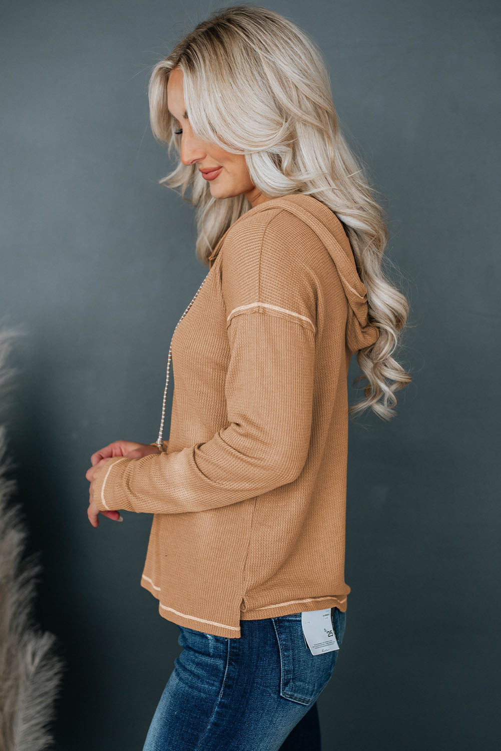 Khaki Seamed Drop Shoulder Waffle Knit Henley Hooded Top