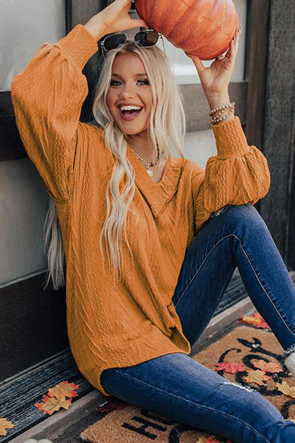 Orange Textured V Neck Long Sleeve Knit Top