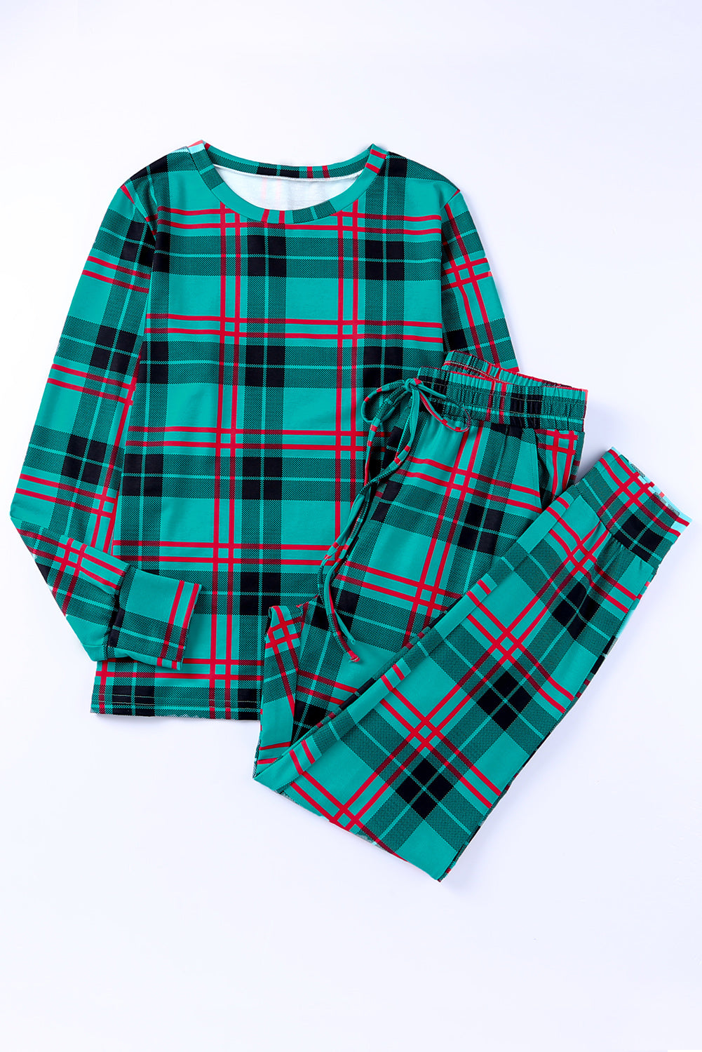 Green Plaid Print Long Sleeve Top and Drawstring Joggers Pajama Set