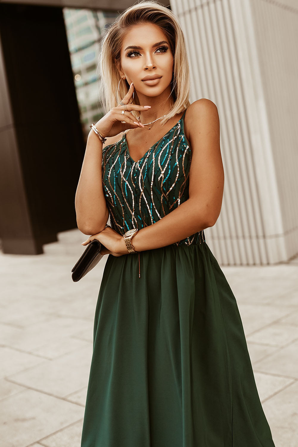 Green Sequin Lines Bodice High Waist Gown