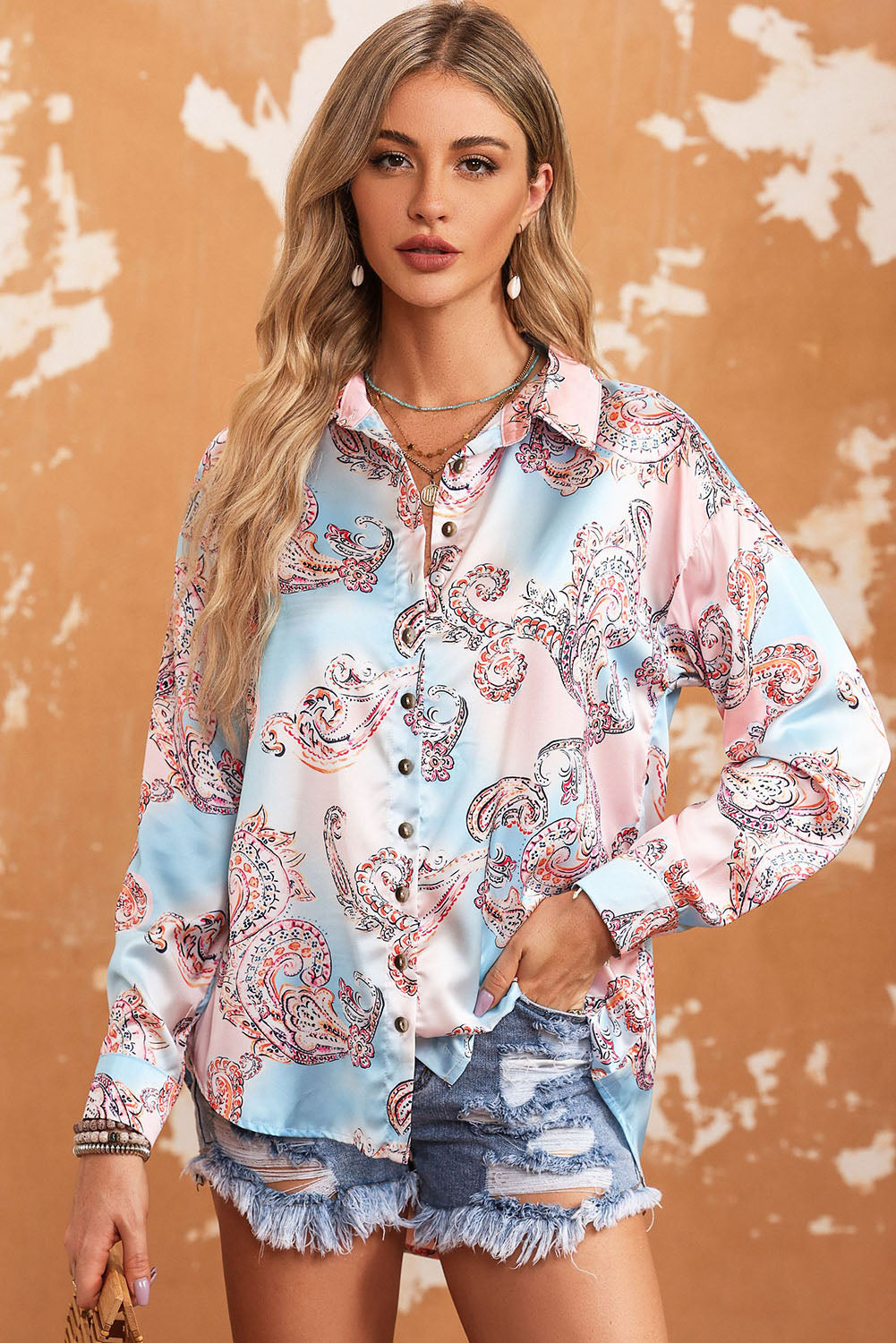 Sky Blue Boho Paisley Print Lantern Sleeve Button-Down Shirt