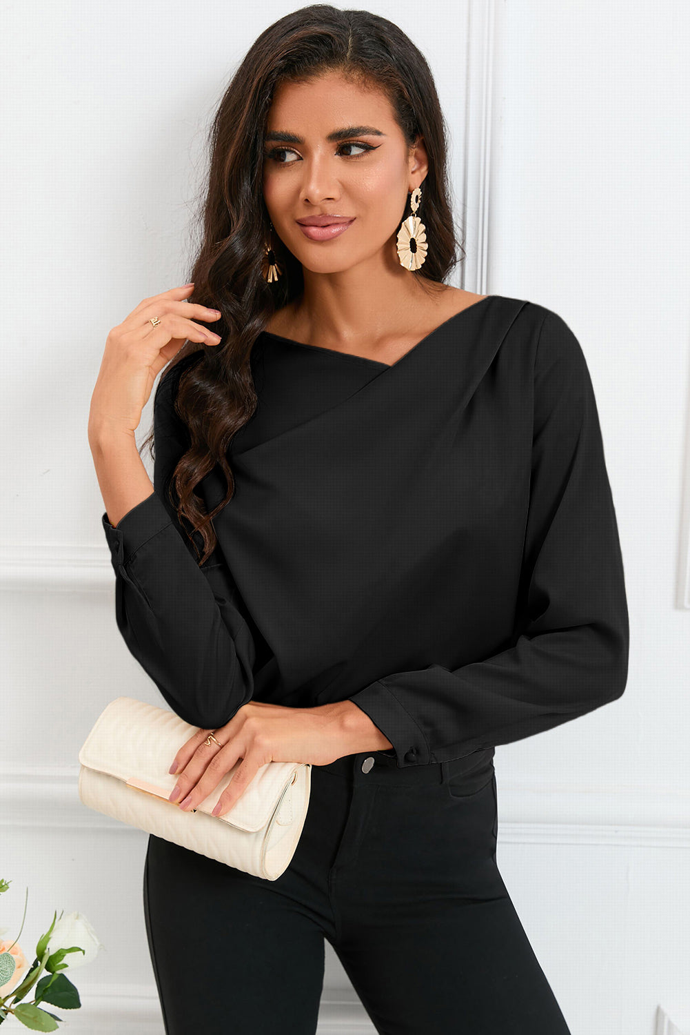 Apricot Solid Asymmetric V Neck Long Sleeve Satin Blouse