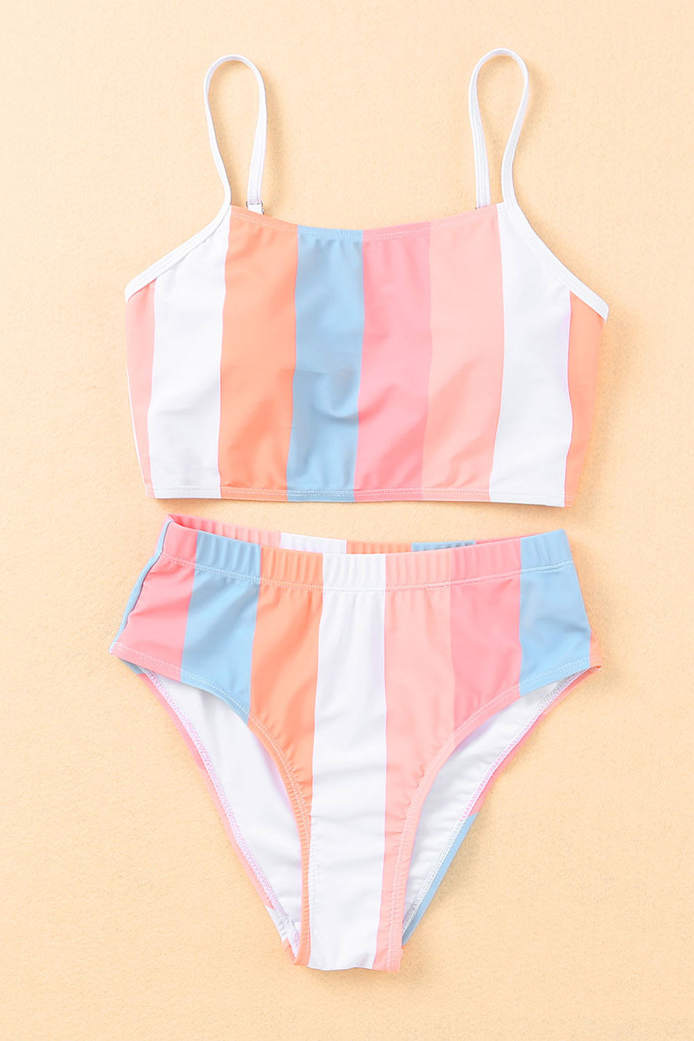 Orange Vertical Striped High Waist Bikini Swimsuit