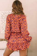 Orange Aztec Bubble Sleeve High Waist Romper