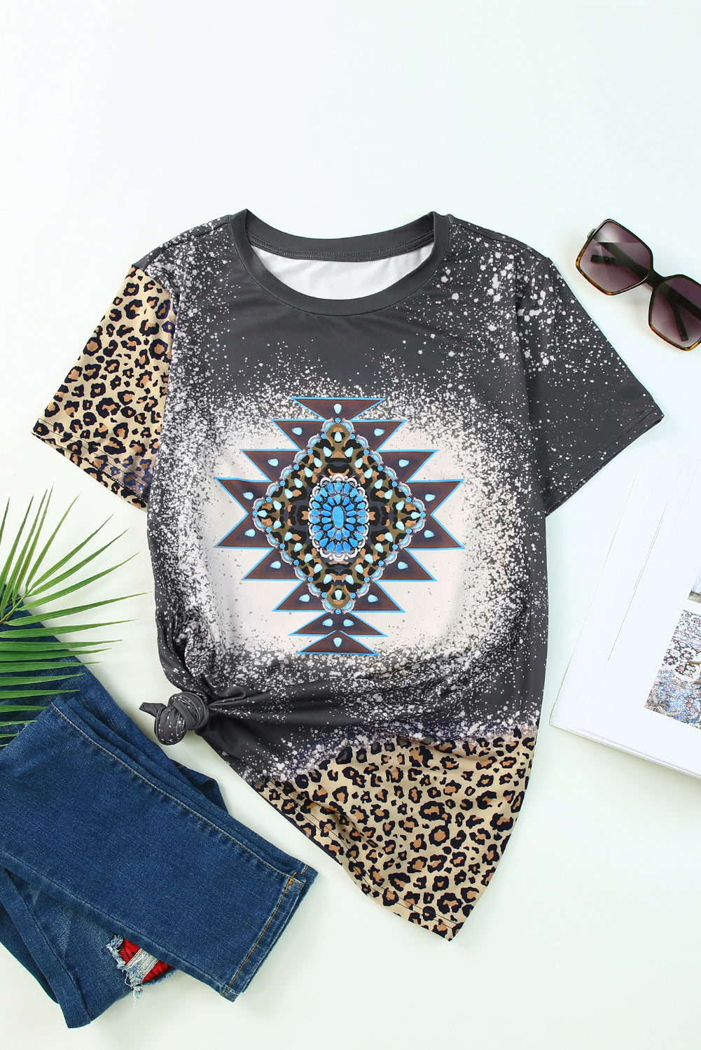 Gray Aztec Geometric Leopard Print Short Sleeve T Shirt