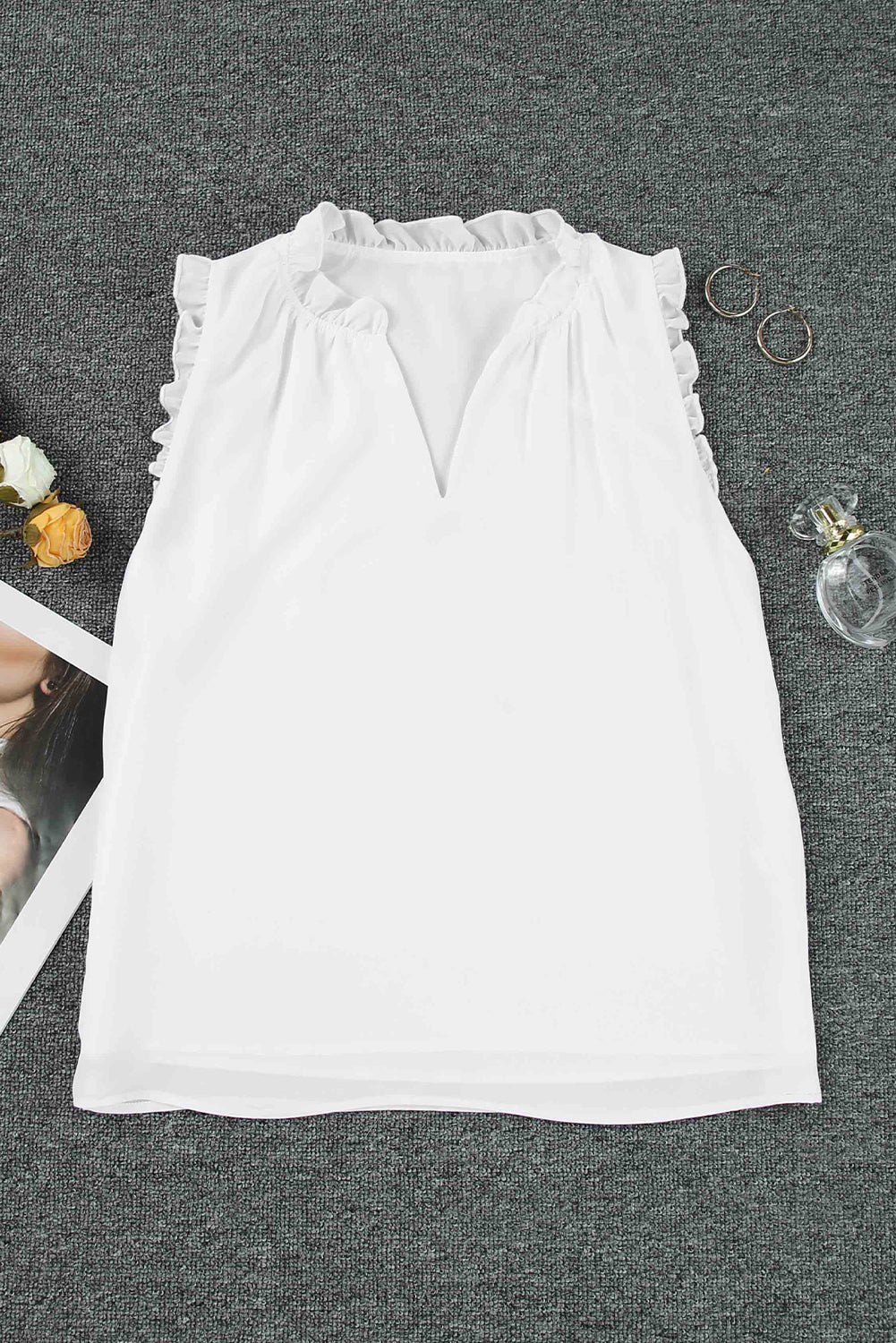 White Solid Color V Neck Frill Trim Tank Top