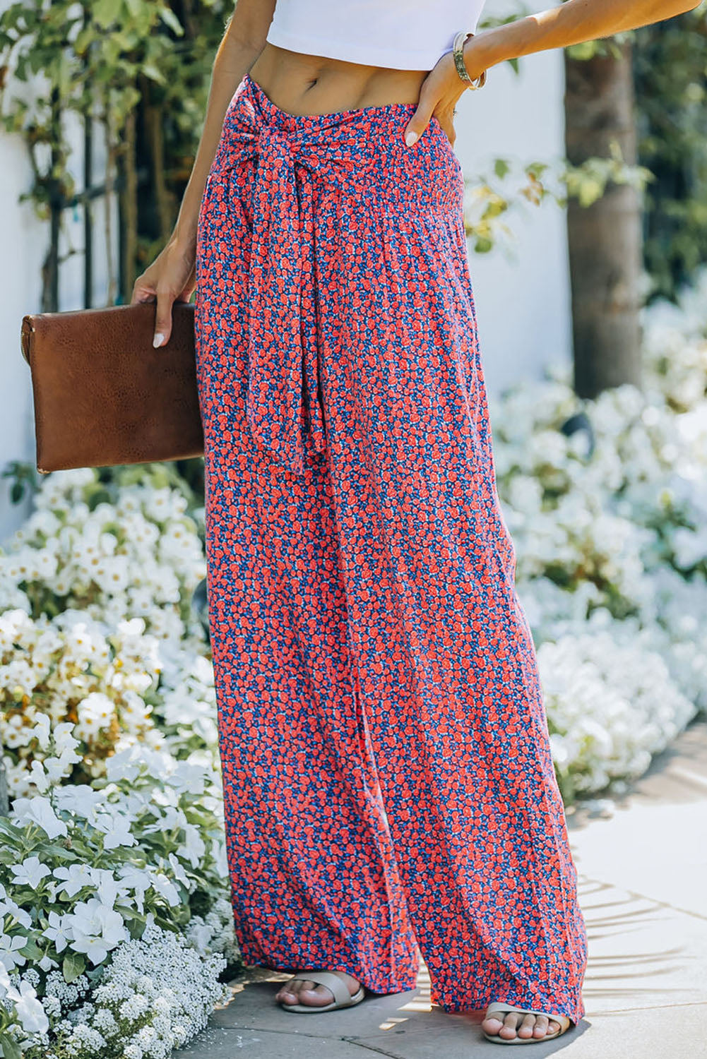 Ditsy Floral Print Tie Front Wide Leg Pants