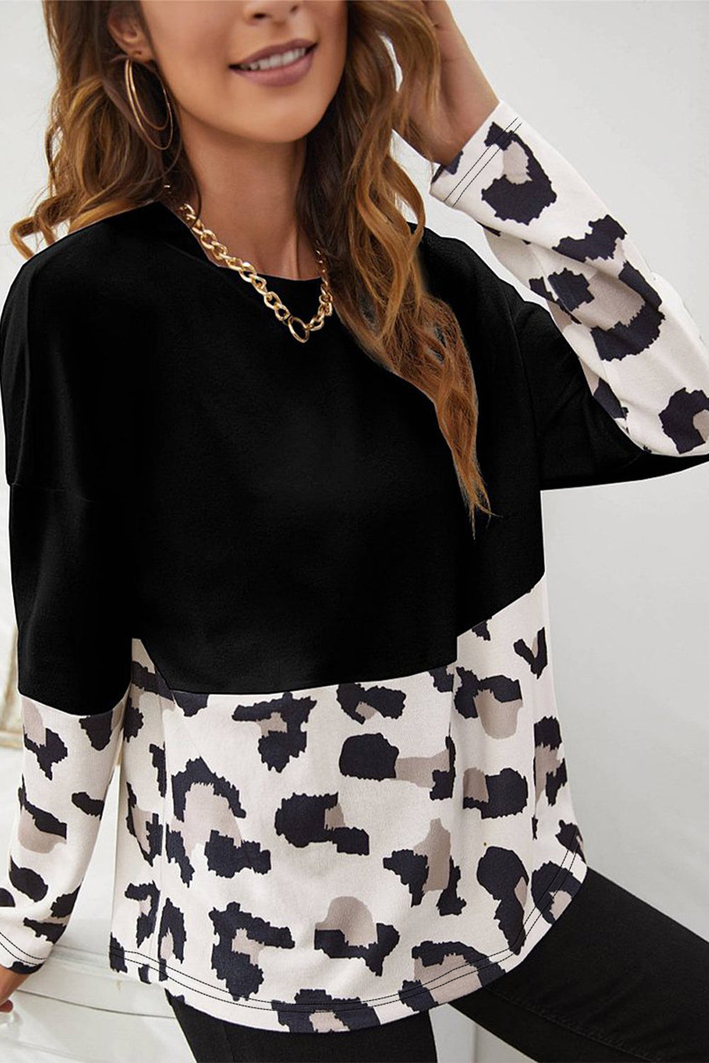 Black Leopard Color Block Long Sleeve Top
