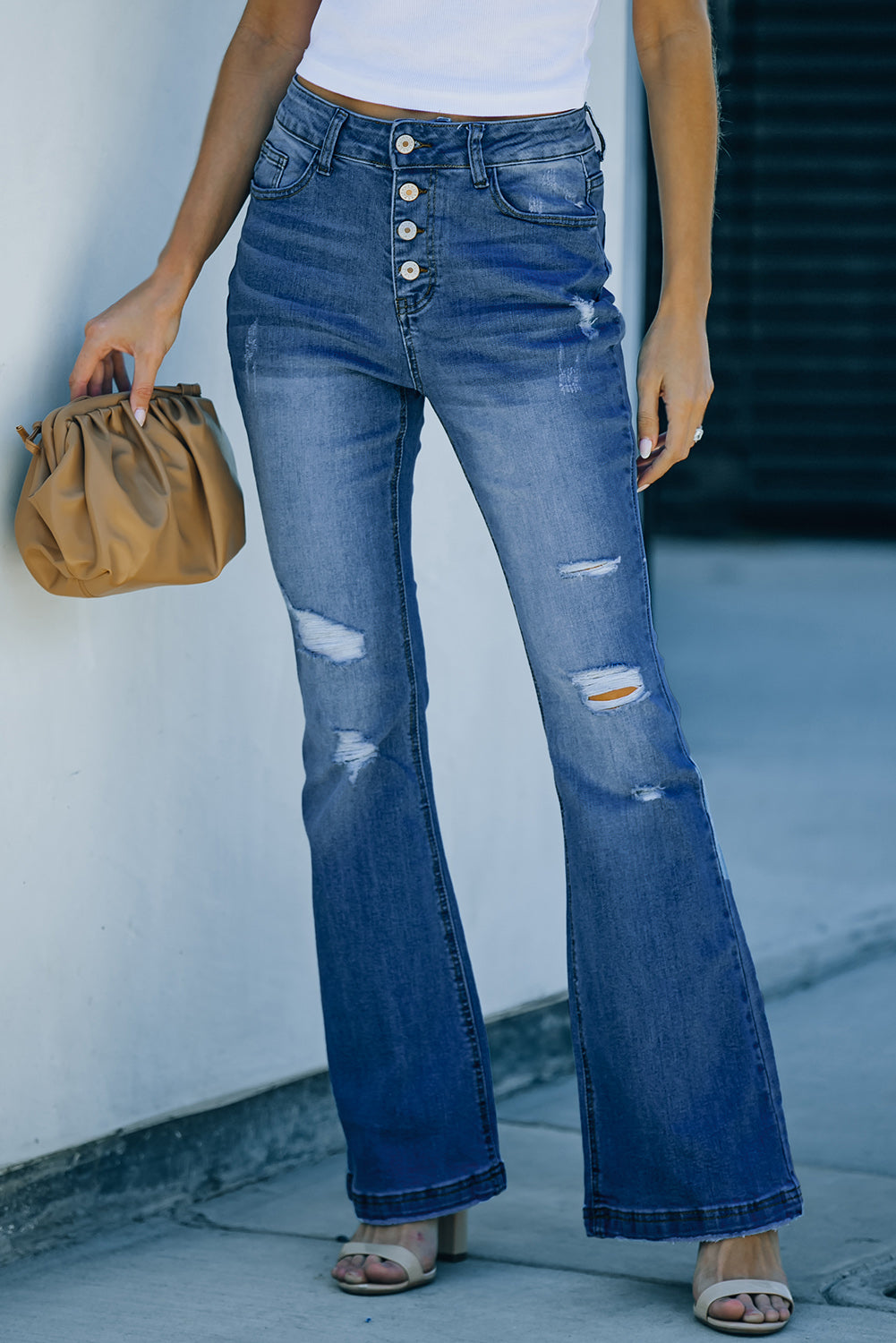 Light Blue Mid Rise Button Front Flare Denim