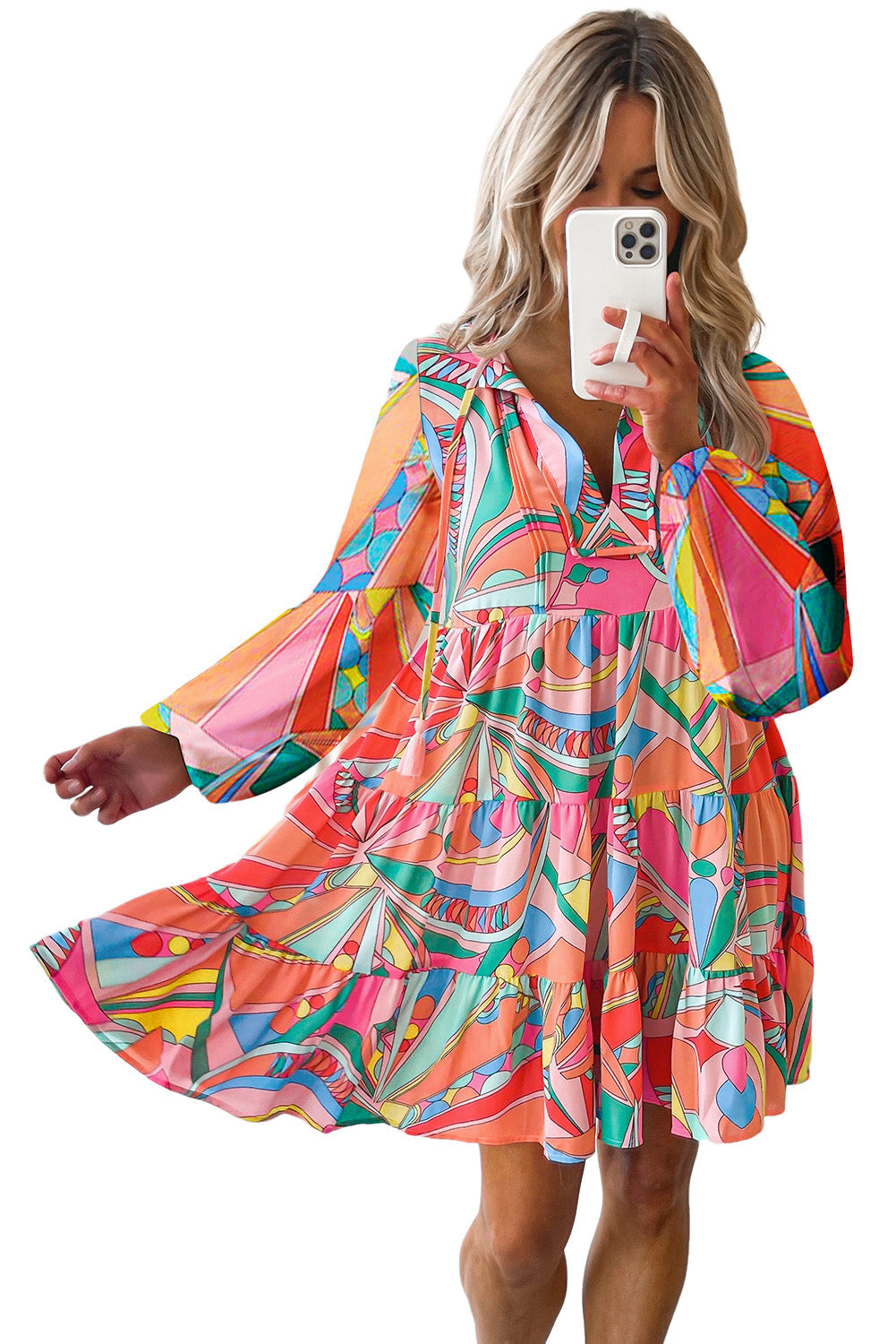 Multicolor Abstract Geometric Print Tassel Tie Flared Dress