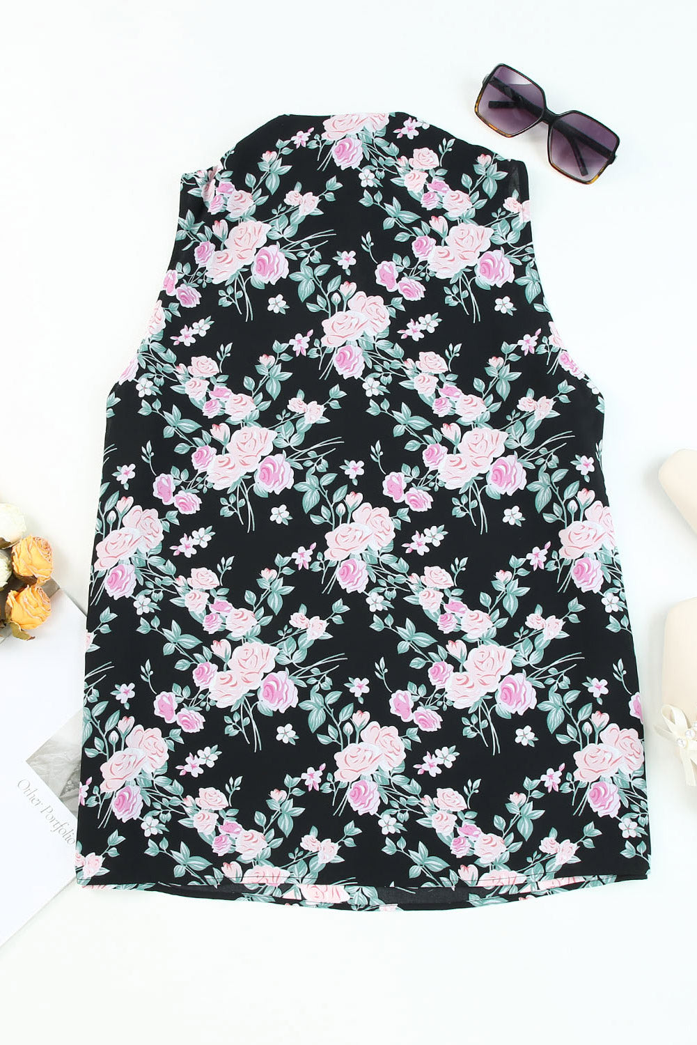 Black Plus Size Floral Print Ribbon V Neck Tank Top