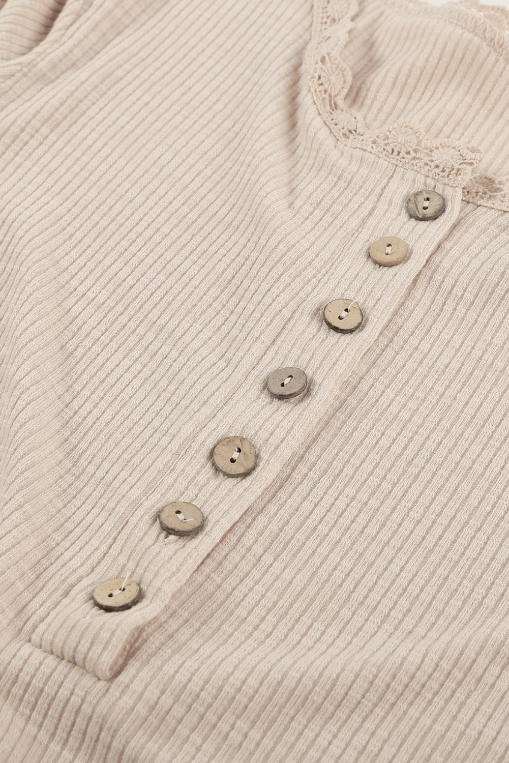 Beige Buttoned Ribbed Knit Short Sleeve Top