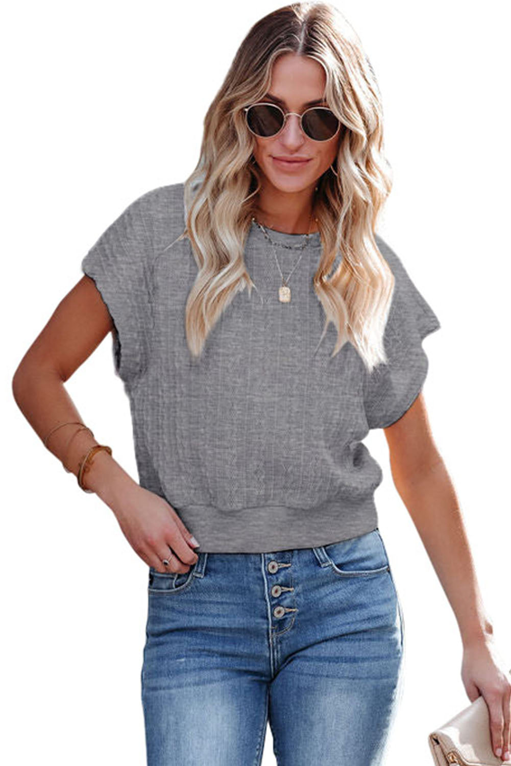 White Textured Knit Short Sleeve Top