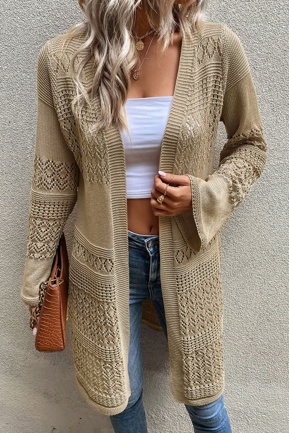 Khaki Pointelle Knit Open Front Cardigan