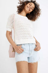 Beige Hollowed Knit Short Puff Sleeve Sweater Tee