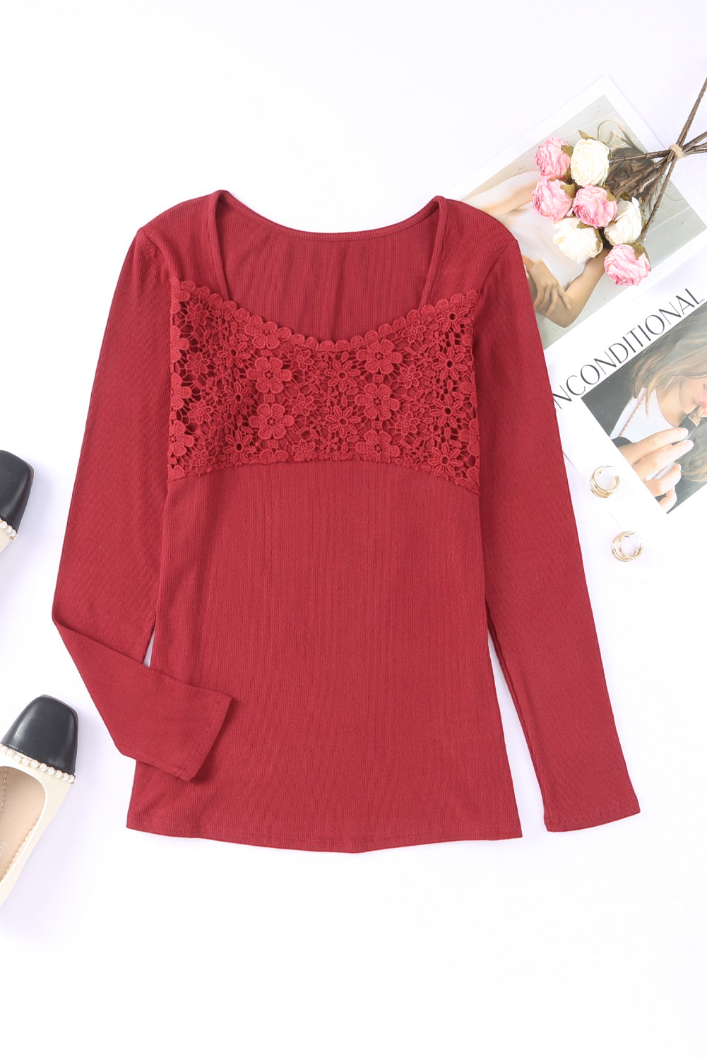 Red Lace Crochet V Neck Long Sleeve Top