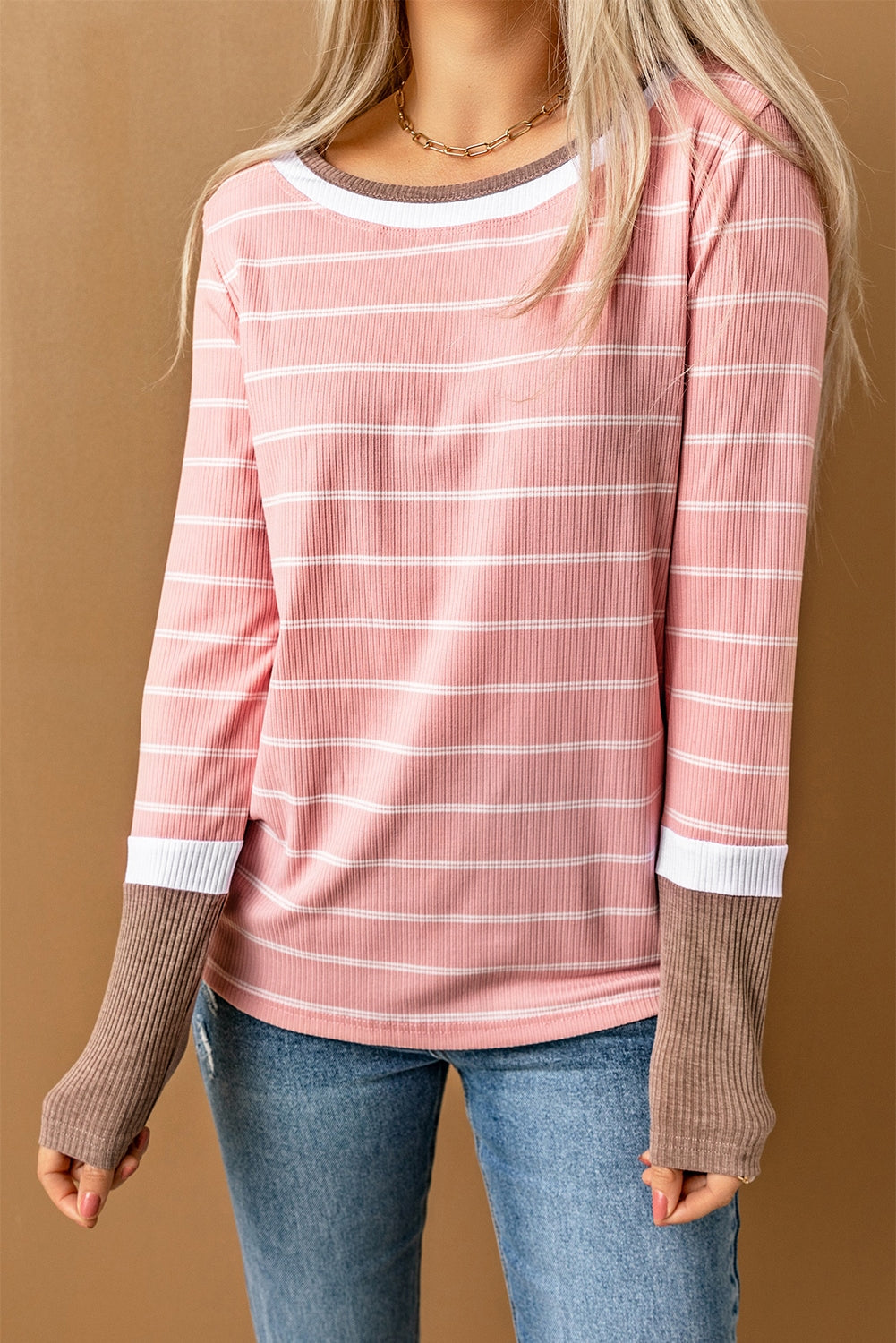 Blue Extend Color Block Cuffs Rib Knit Striped Pullover