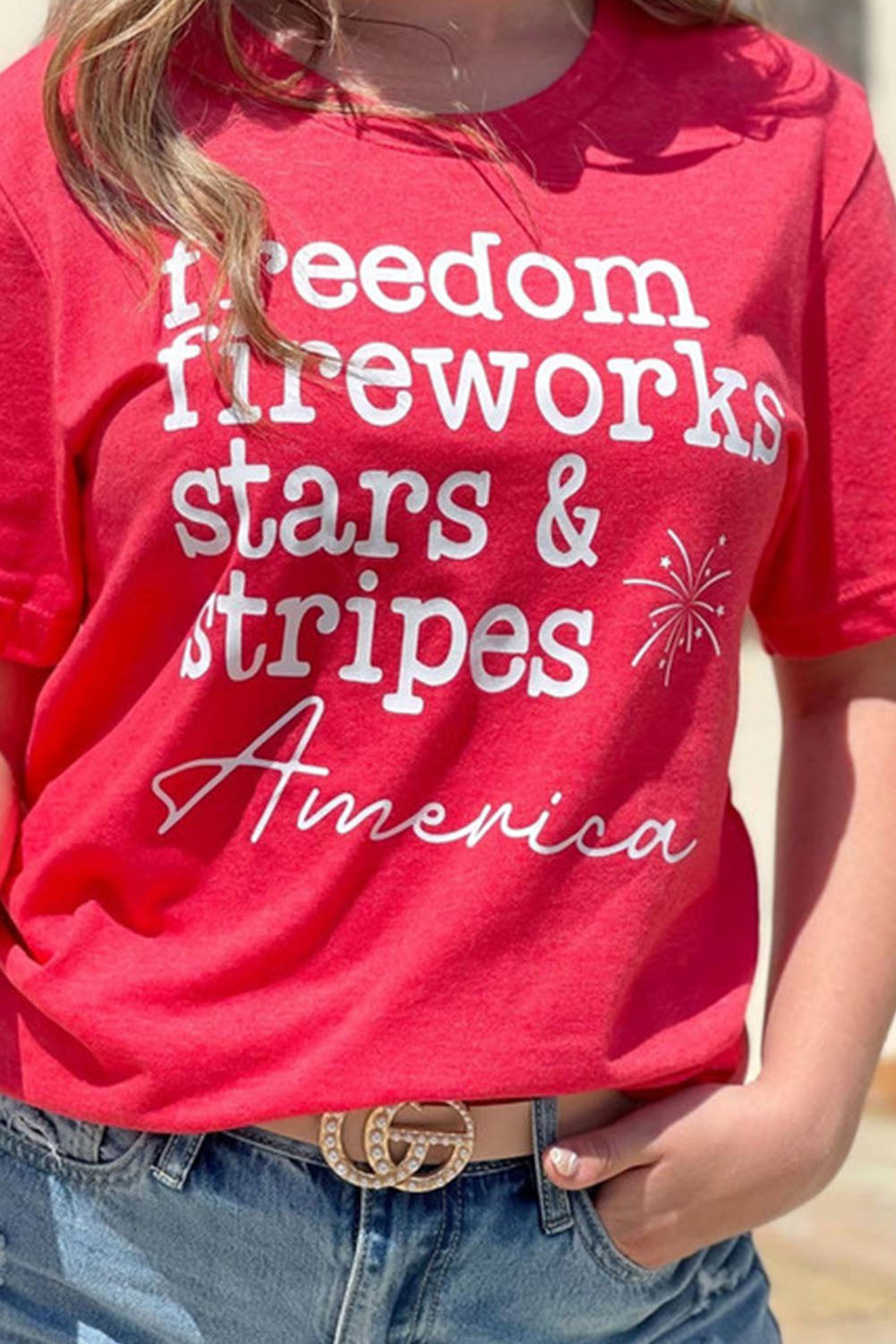 Red American Freedom Day Slogan Print T Shirt