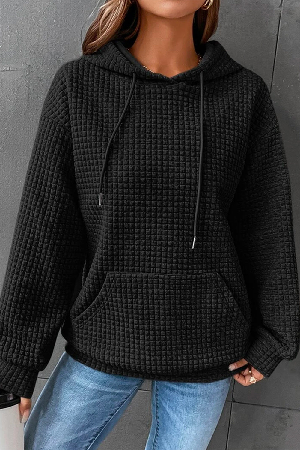 Gray Quilted Kangaroo Pocket Drawstring Hoodie