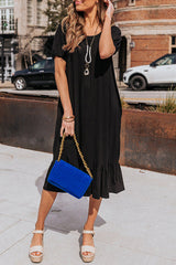 Black Solid Color Short Sleeve Ruffled T-shirt Dress