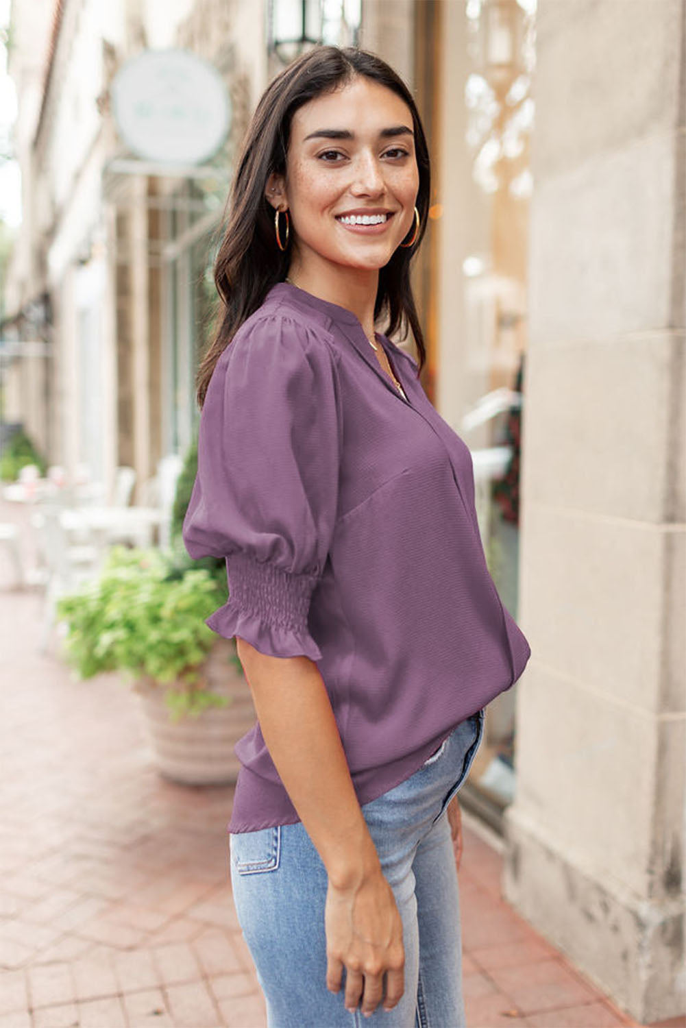 Red Solid Color Half Sleeve V Neck Blouse