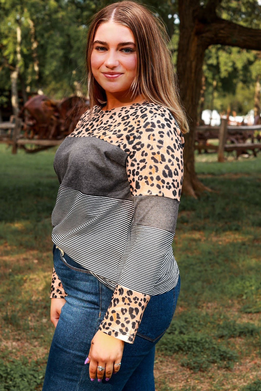 Leopard Plus Size Cow/Leopard Stripes Patchwork Long Sleeve Tee