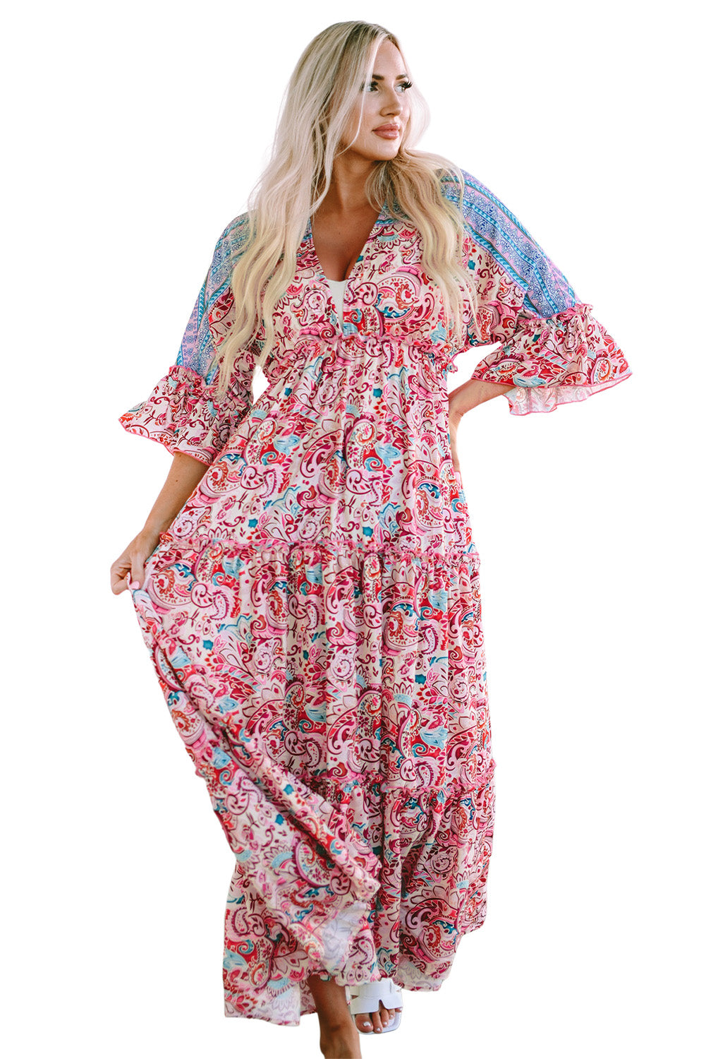 Red Boho Floral Paisley Print Tassel Tie V Neck Maxi Dress