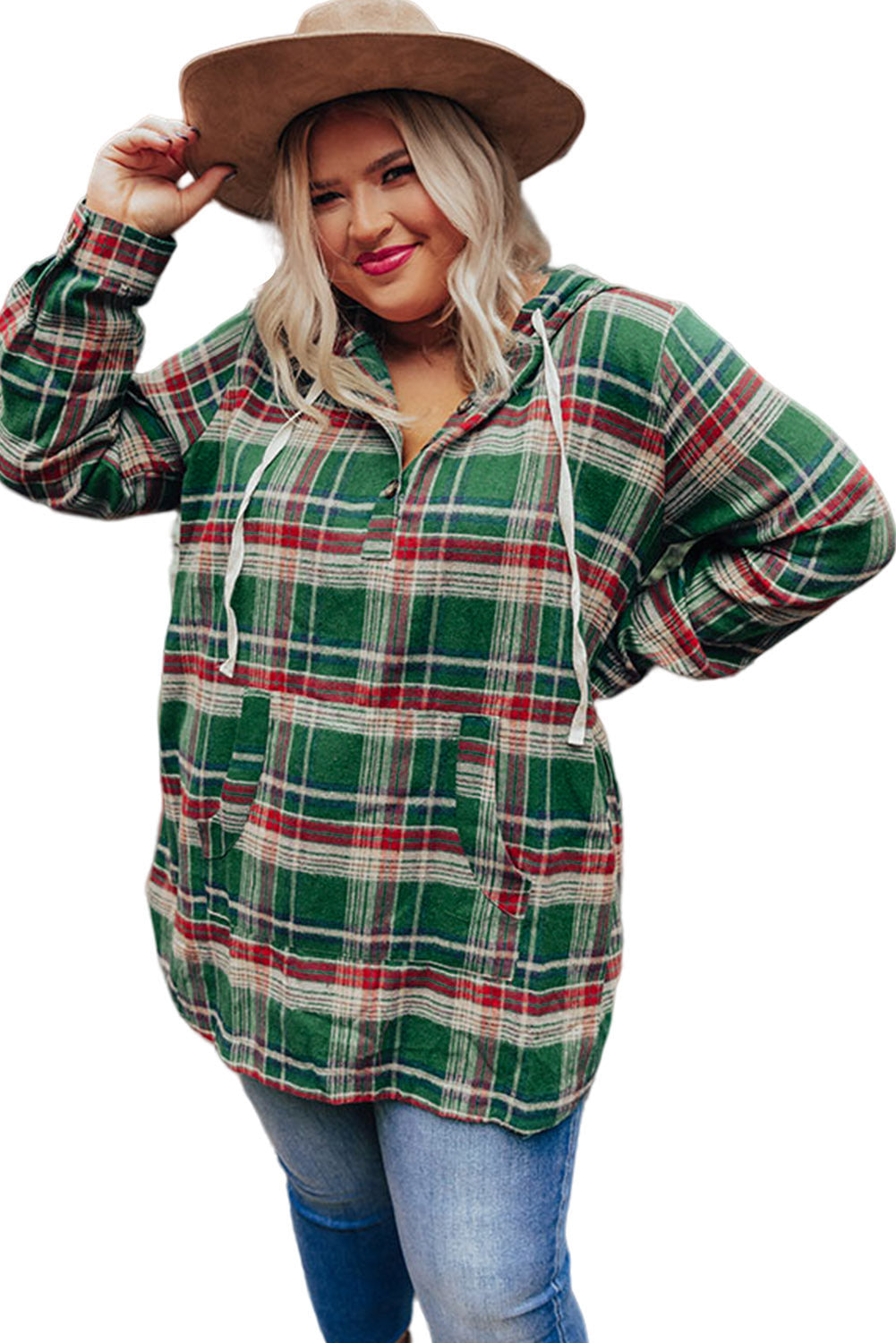 Green Plus Size Plaid Kangaroo Pocket Drawstring Hoodie