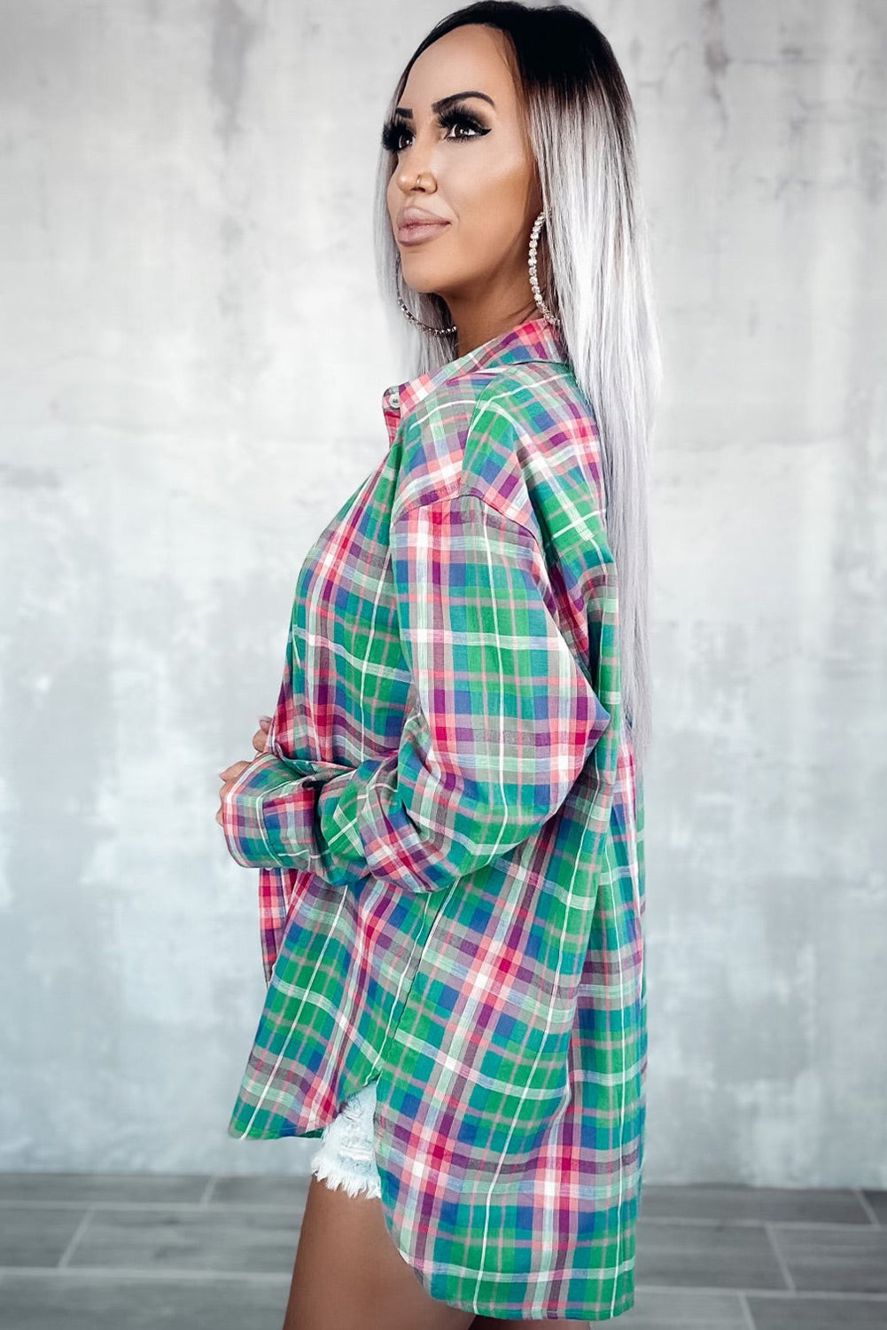 Green Plaid Long Sleeve Button Down Split Shirt