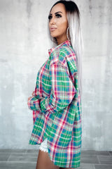 Green Plaid Long Sleeve Button Down Split Shirt