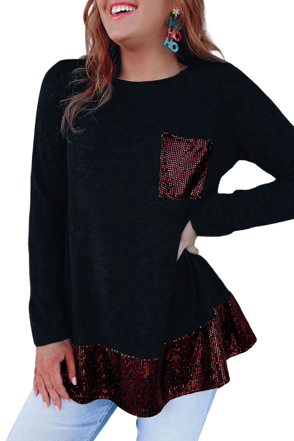 Red Sequin Patch Pocket Ruffle Hem Top