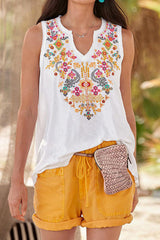 White Bohemian Floral Print Notched V Neck Tank Top