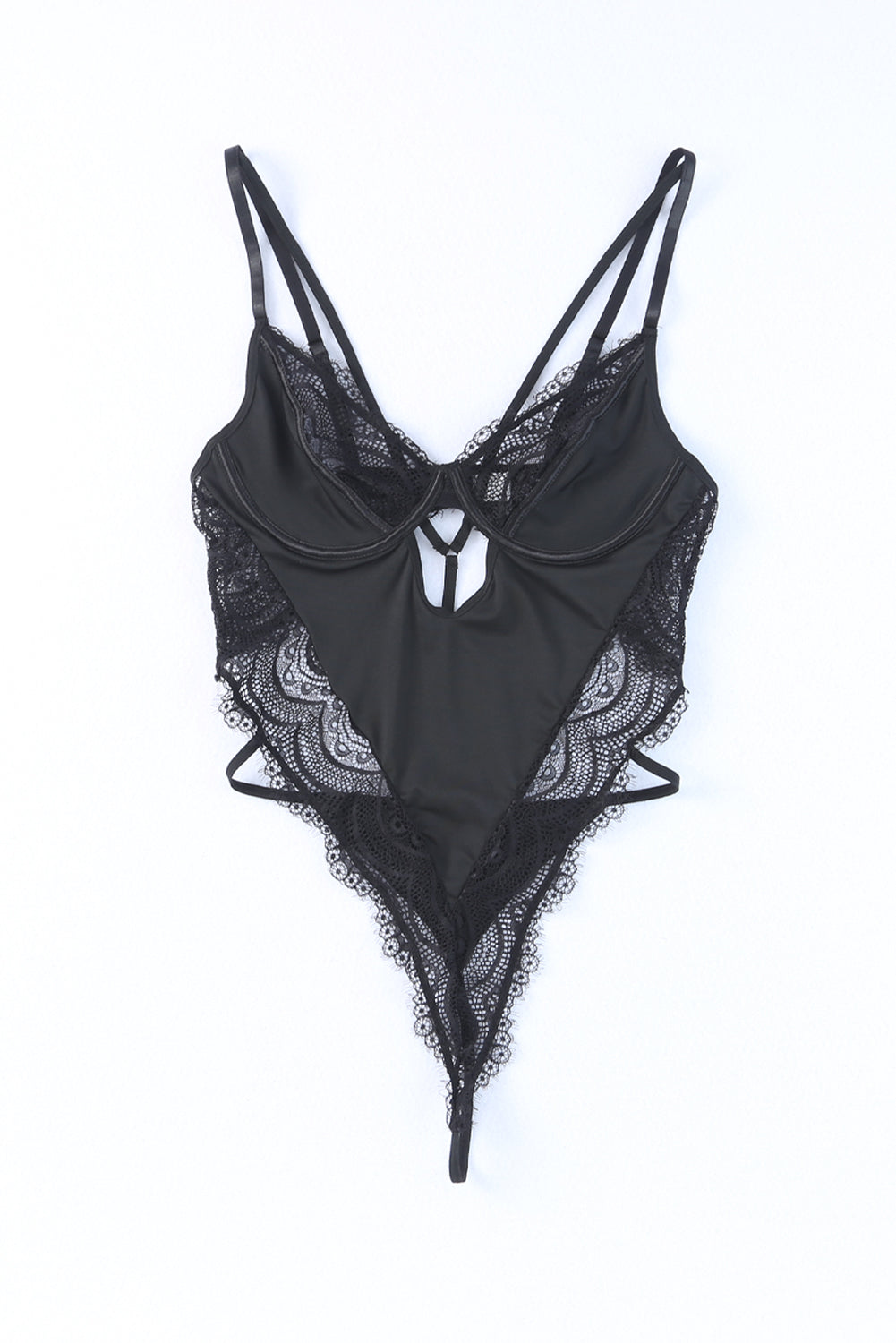 Black Lace Satin Cutout Strappy Teddy Lingerie