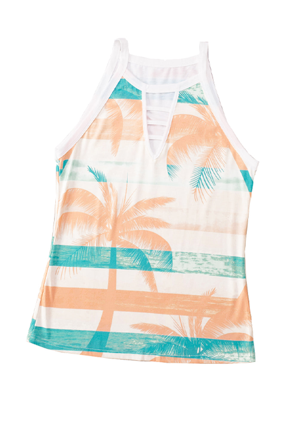 White Coconut Tree Striped Keyhole Neck Tank Top