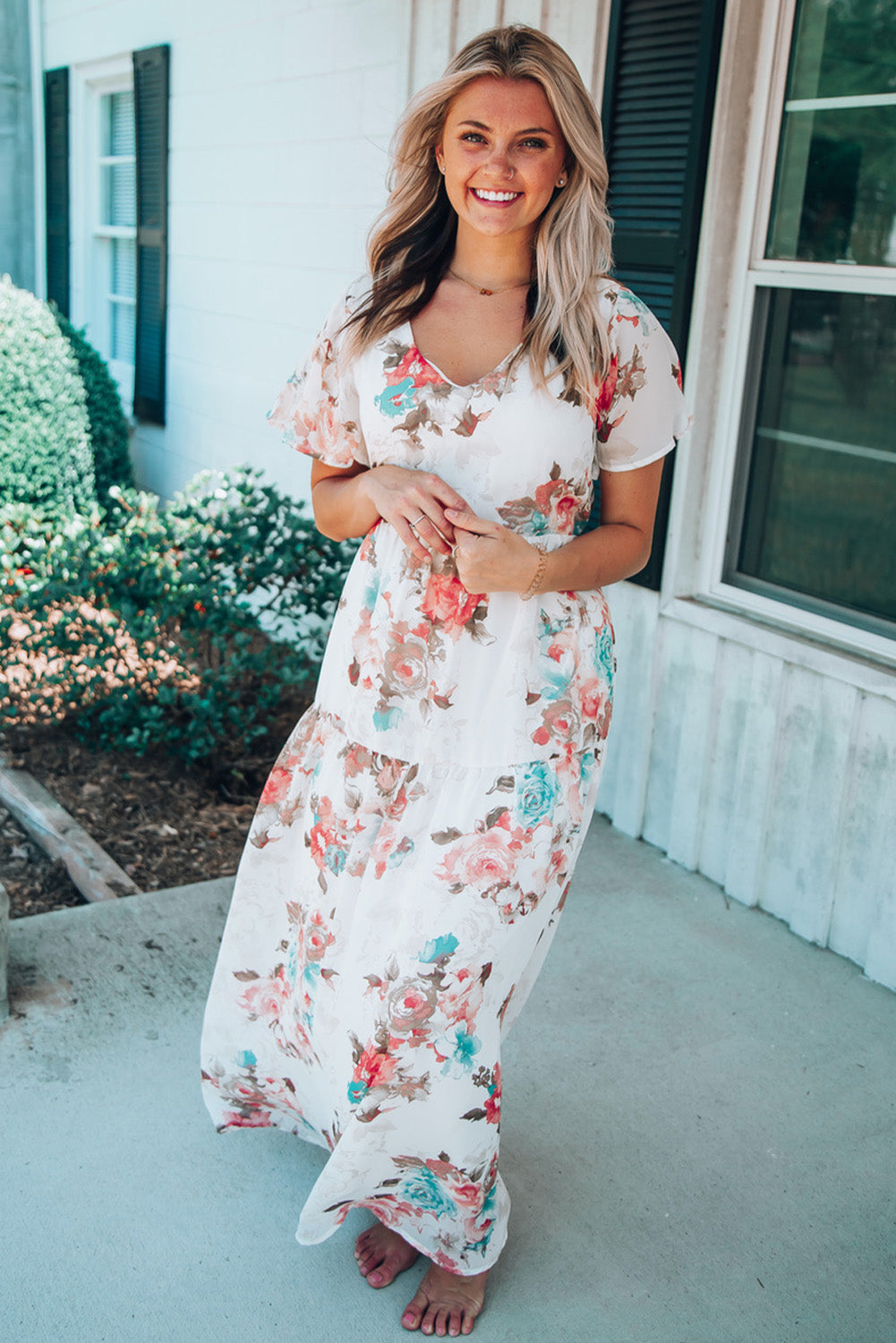 White V Neck Short Sleeves Floral Print Maxi Dress