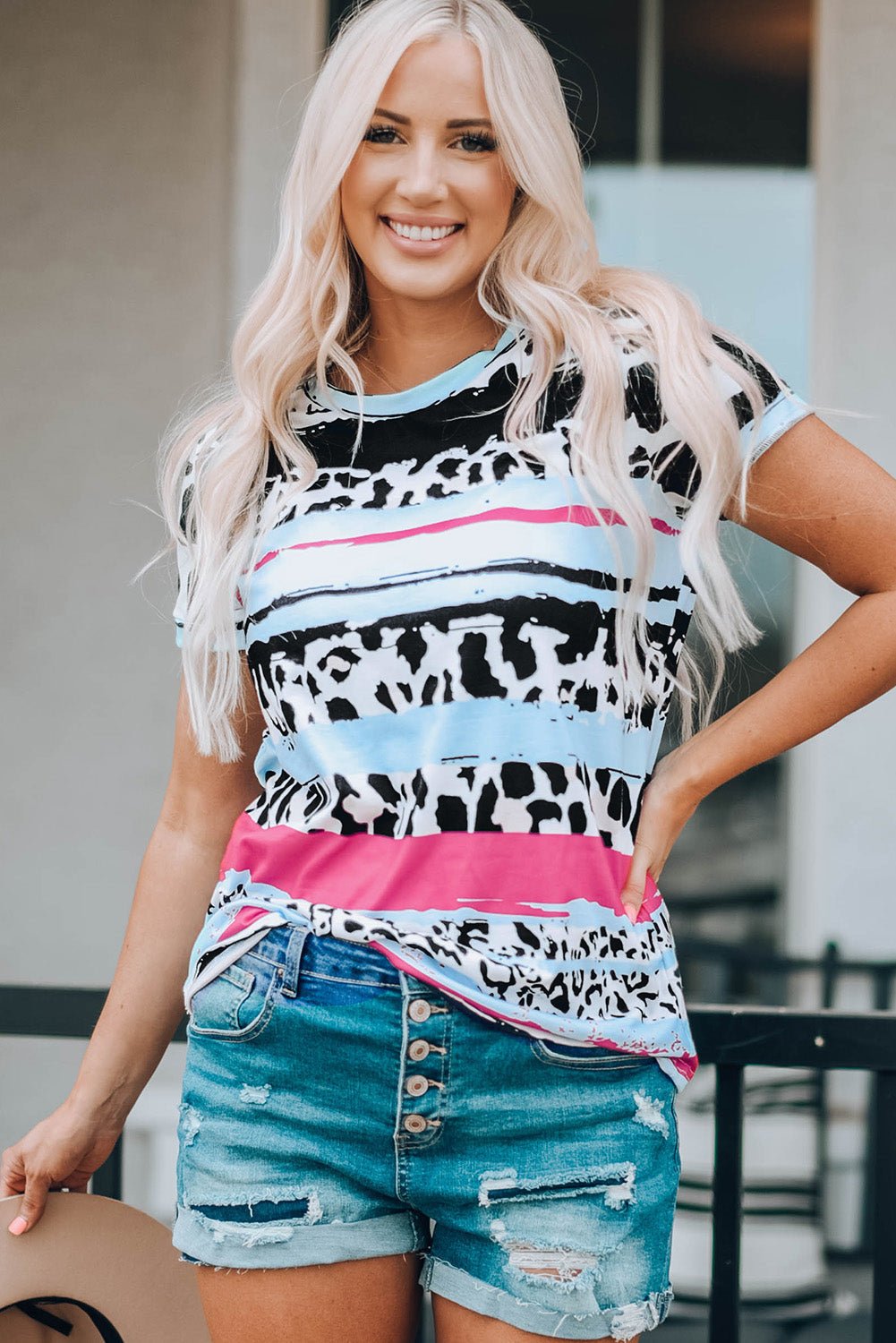 Cow Leopard Striped O-Neck Western Tee