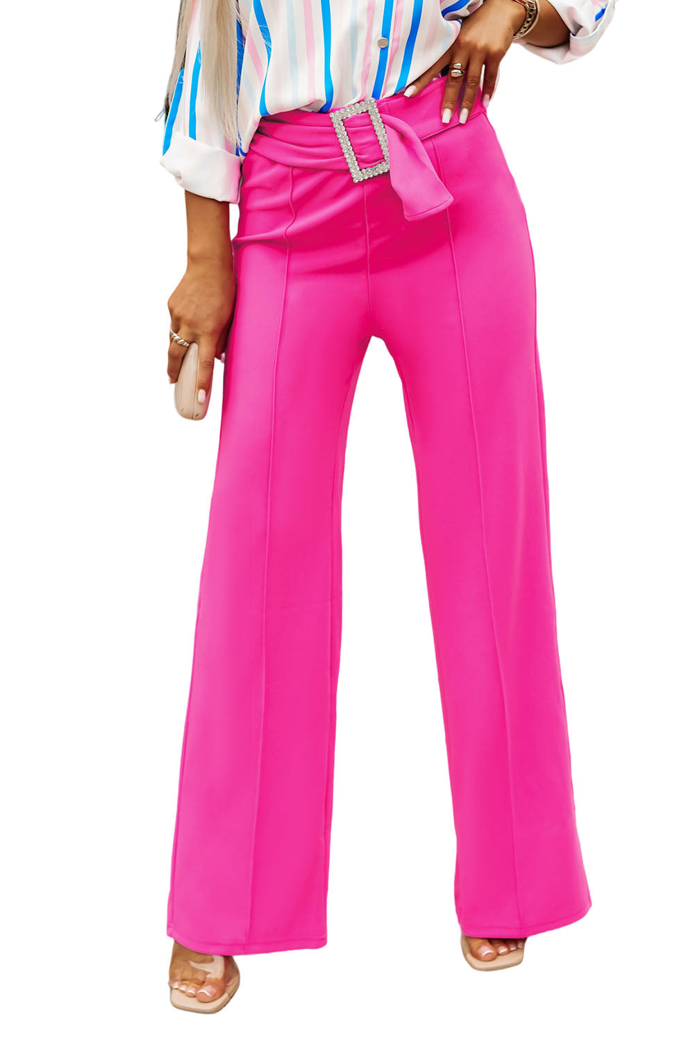 Rose Rhinestone Buckle Sash Wide Leg Pants