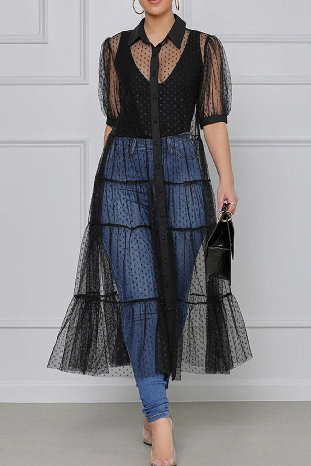 Black Polka Dot Button Up Short Sleeve Sheer Kimono