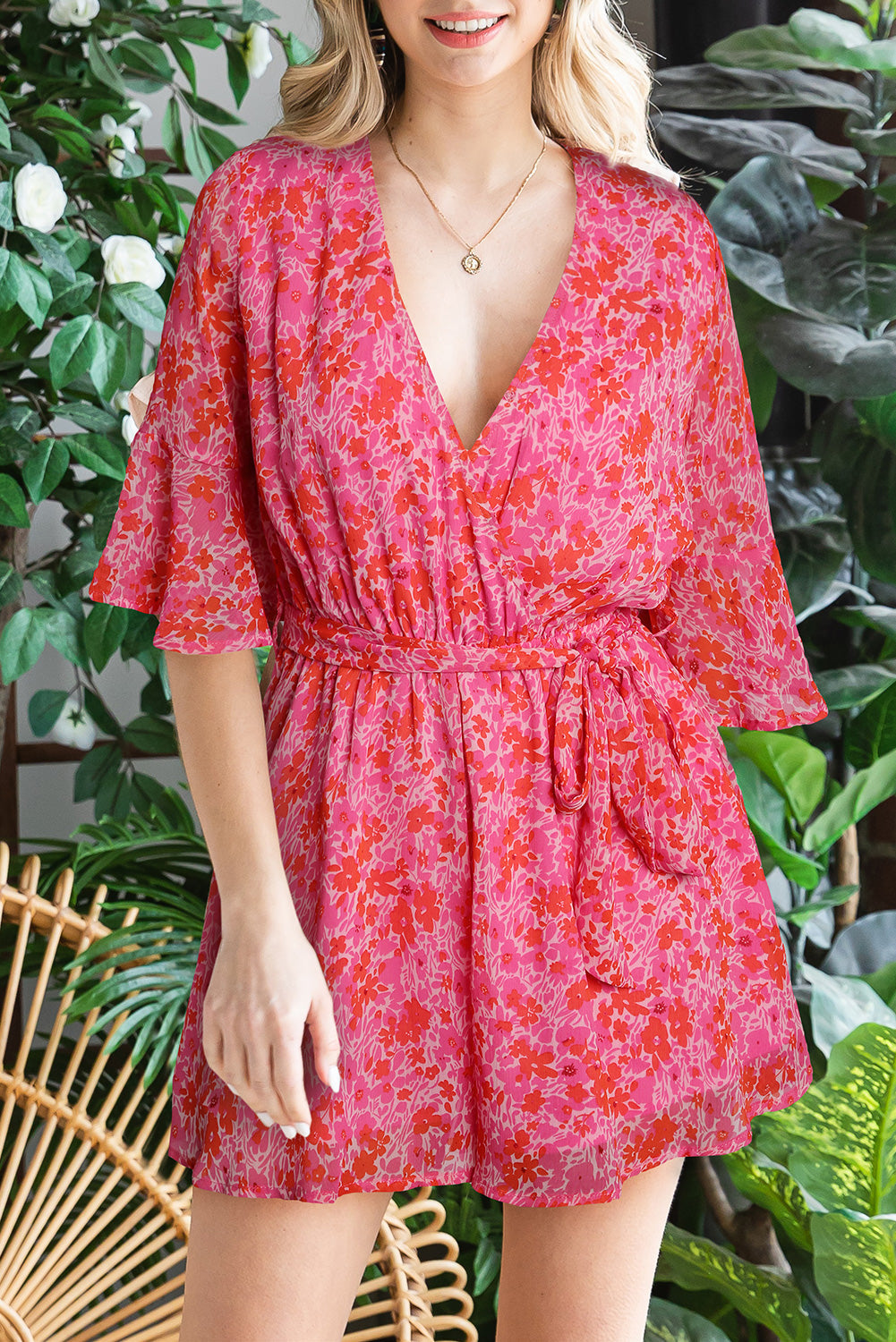 Pink V Neck Ruffled Sleeve Floral Romper