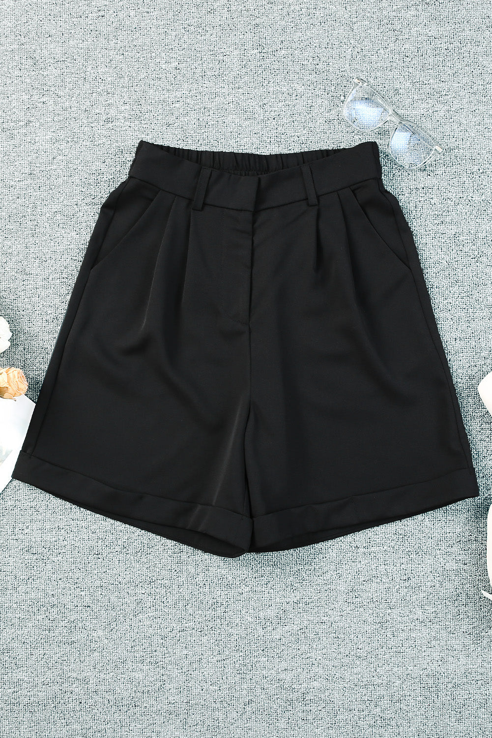 Black Casual Pocketed High Waist Bermuda Shorts