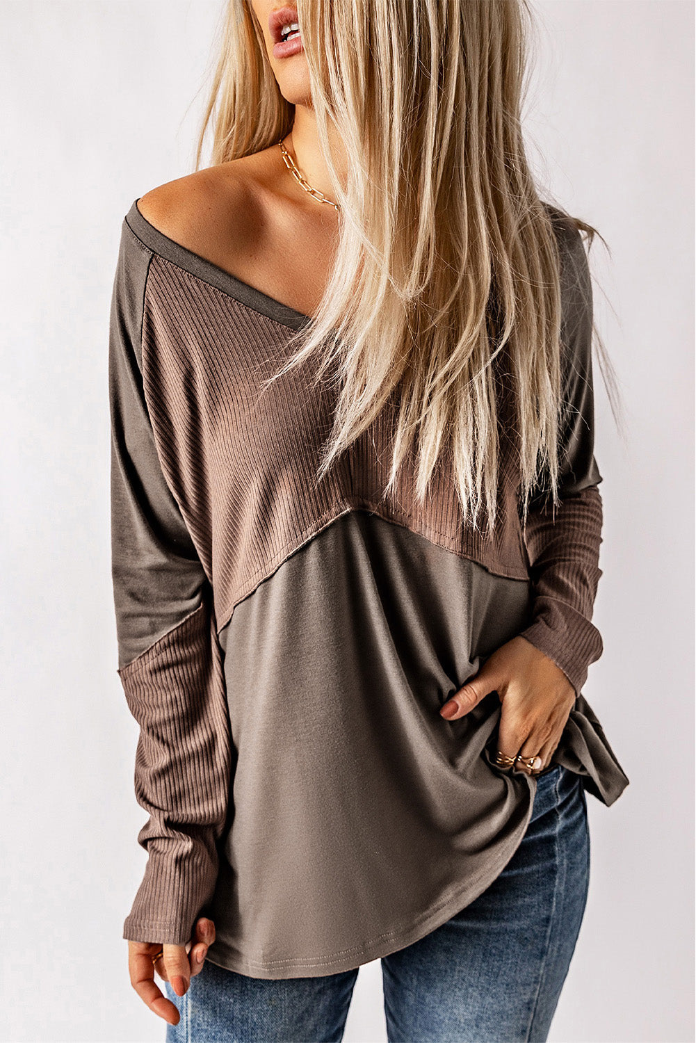 Khaki Ribbed Patchwork V Neck Long Sleeve Top