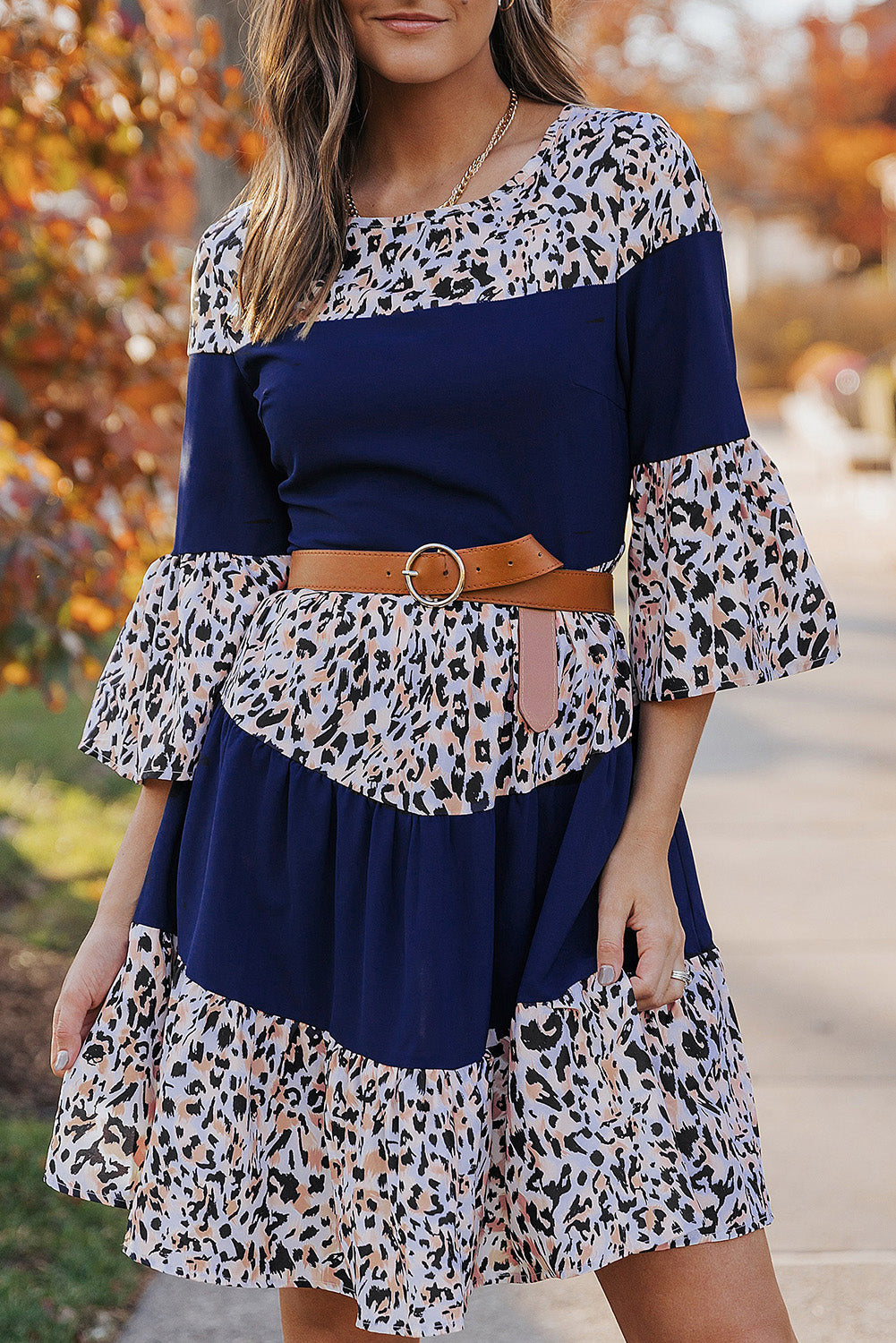 Leopard Splicing High Waist Long Sleeve Dress