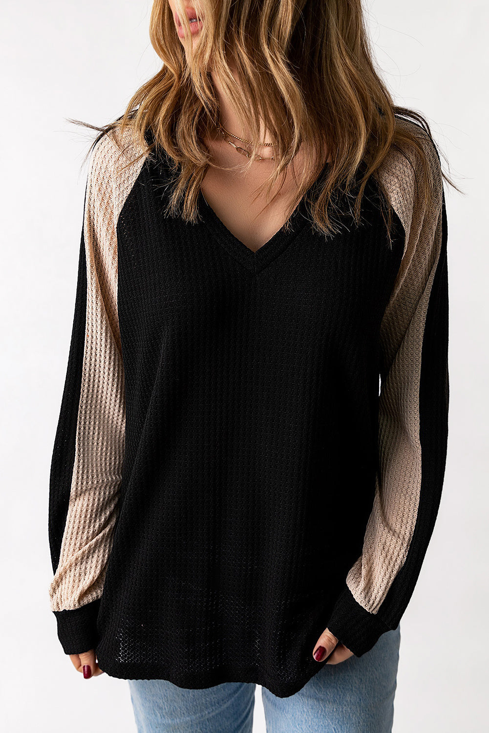 Black V Neck Contrast Block Waffle Knit Top