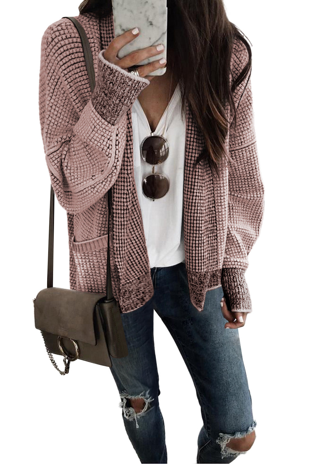 Brown Chunky Waffle Knit Oversized Collar Cardigan