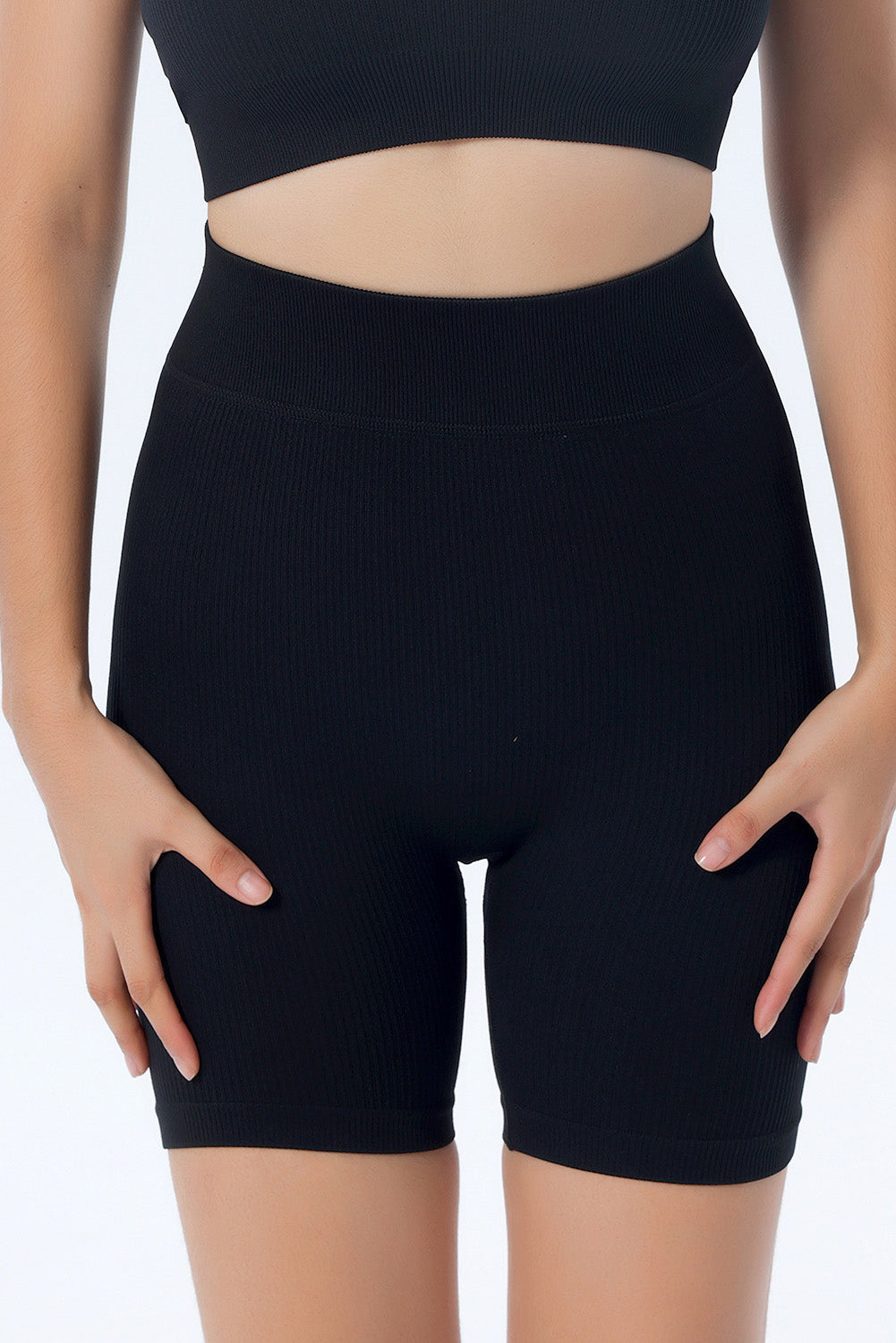 Black Stretchy Ribbed High Waist Yoga Shorts