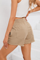 Khaki Smocked Elastic High Waist Casual Shorts