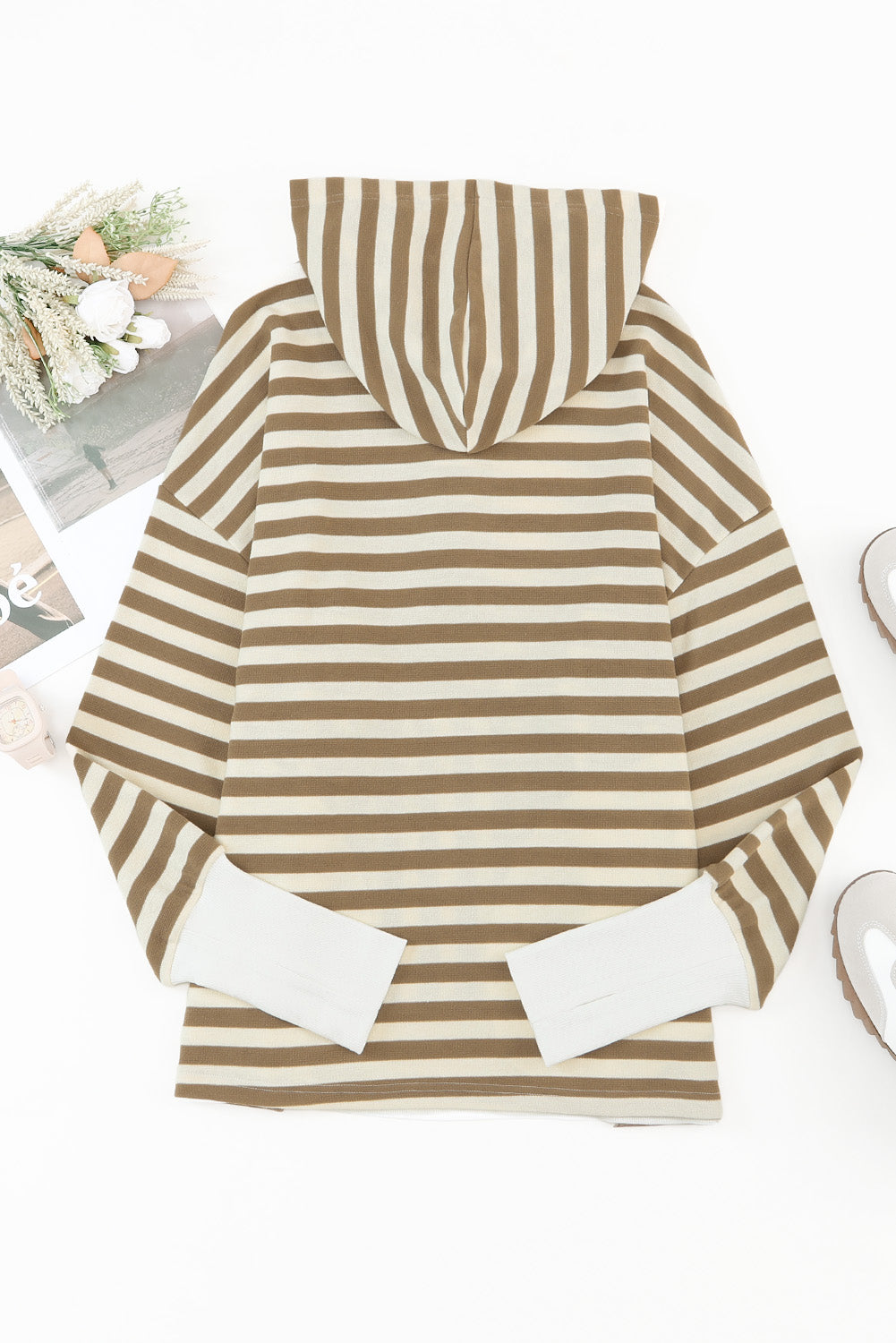 Khaki Striped Contrast Thumbhole Oversized Hoodie