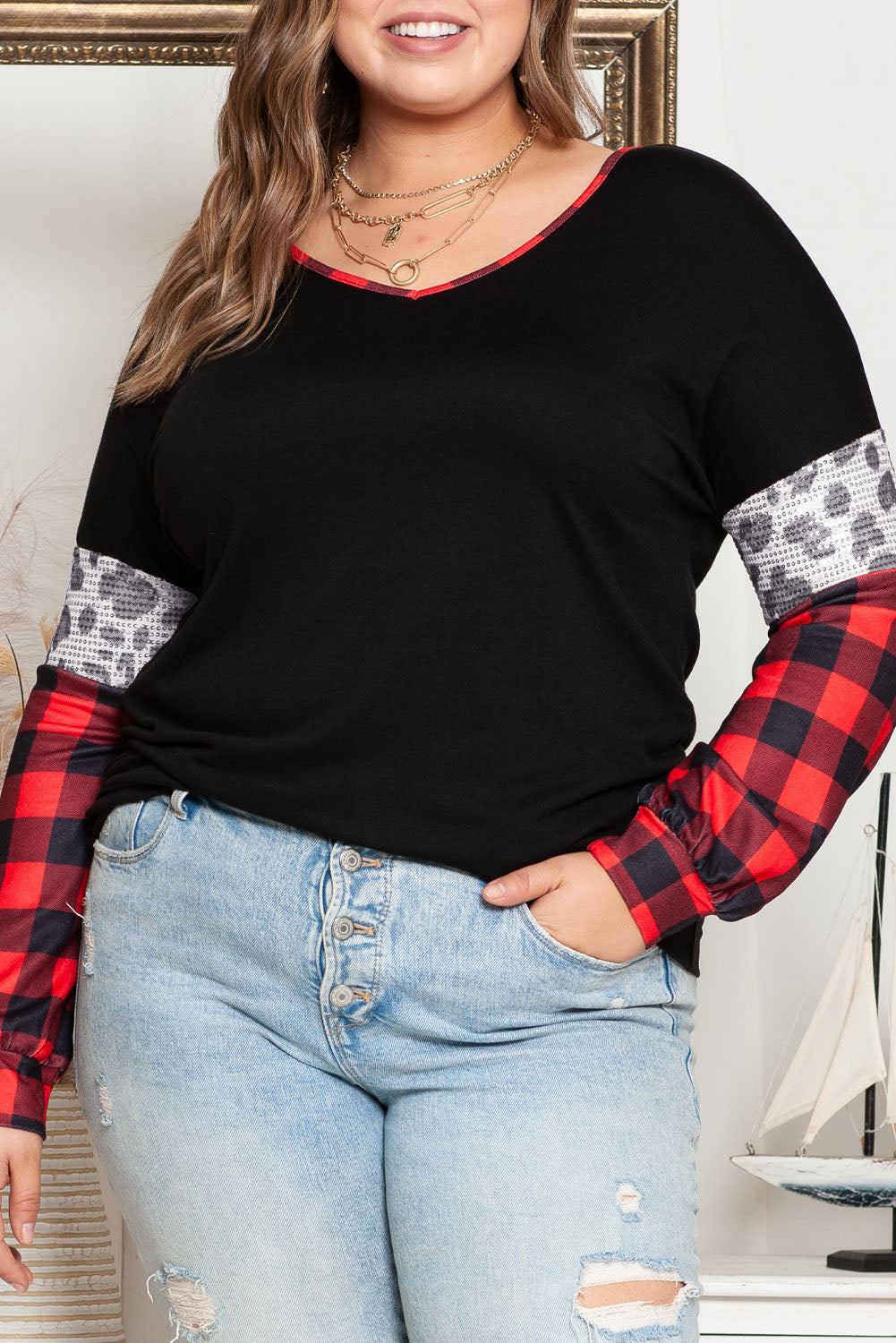 Black Sequined Leopard Insert Plaid Sleeve Plus Size Top